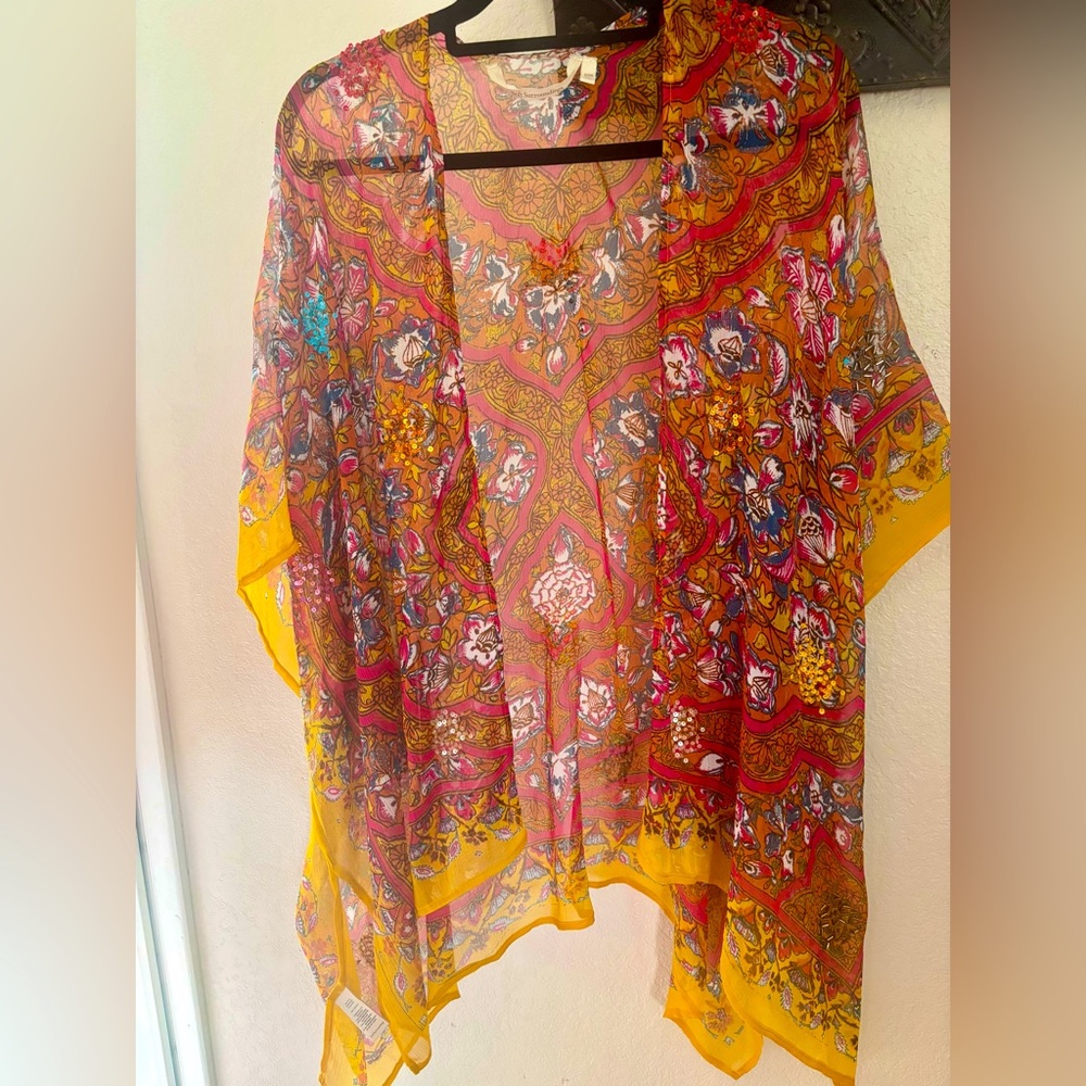 Soft Surroundings beeding details  Yellow Floral Kimono one size fits all